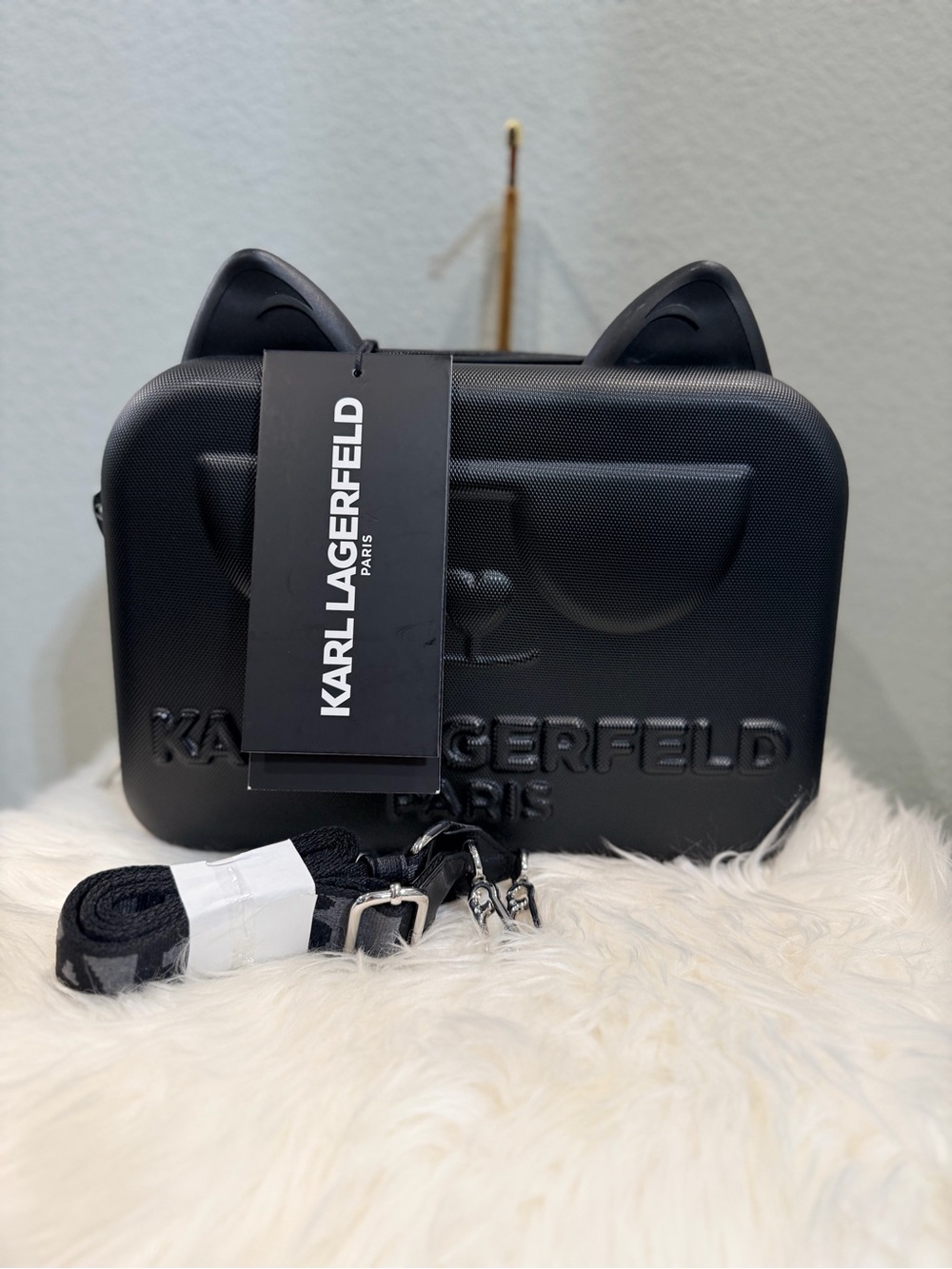 Karl Lagerfeld Black Cat-Eared Cosmetic Case with Removable Strap